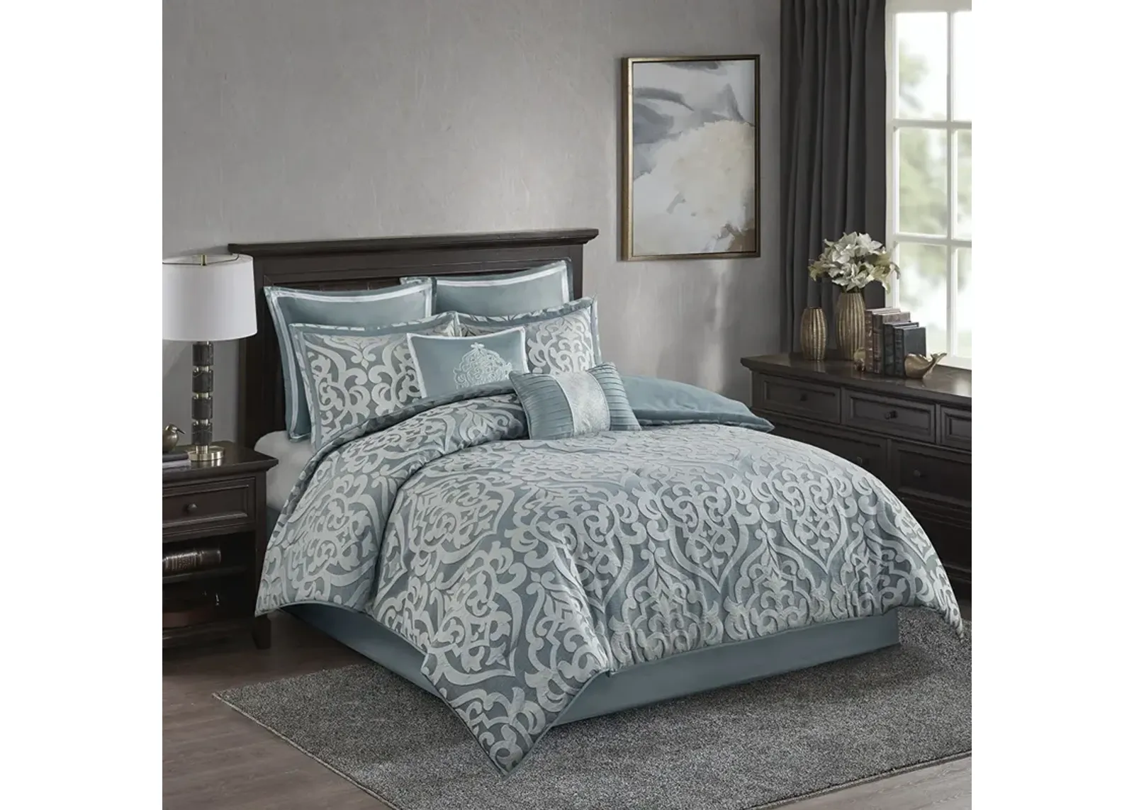 Madison Park Odette Aqua/Silver 8 Piece Jacquard Comforter Set