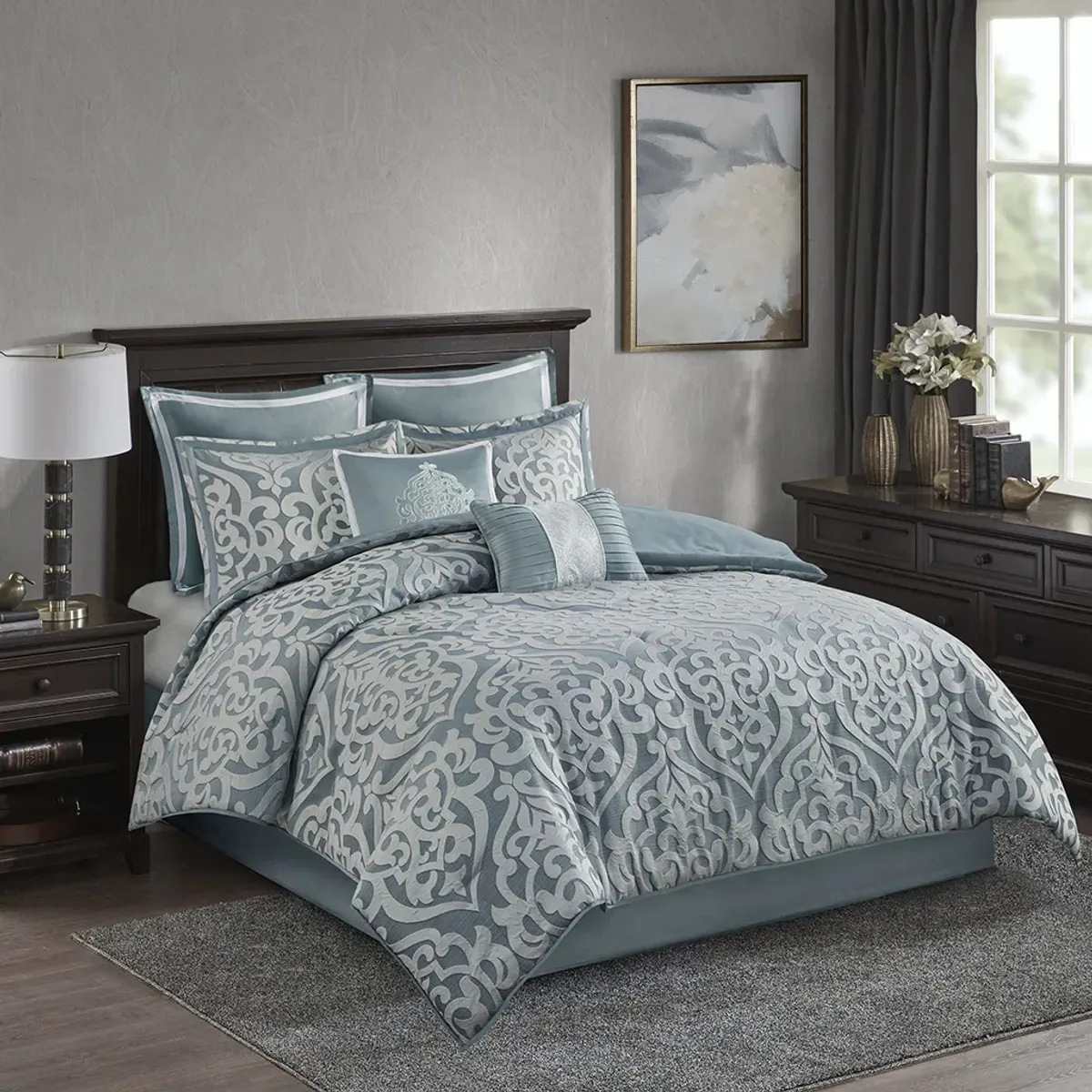 Madison Park Odette Aqua/Silver 8 Piece Jacquard Comforter Set