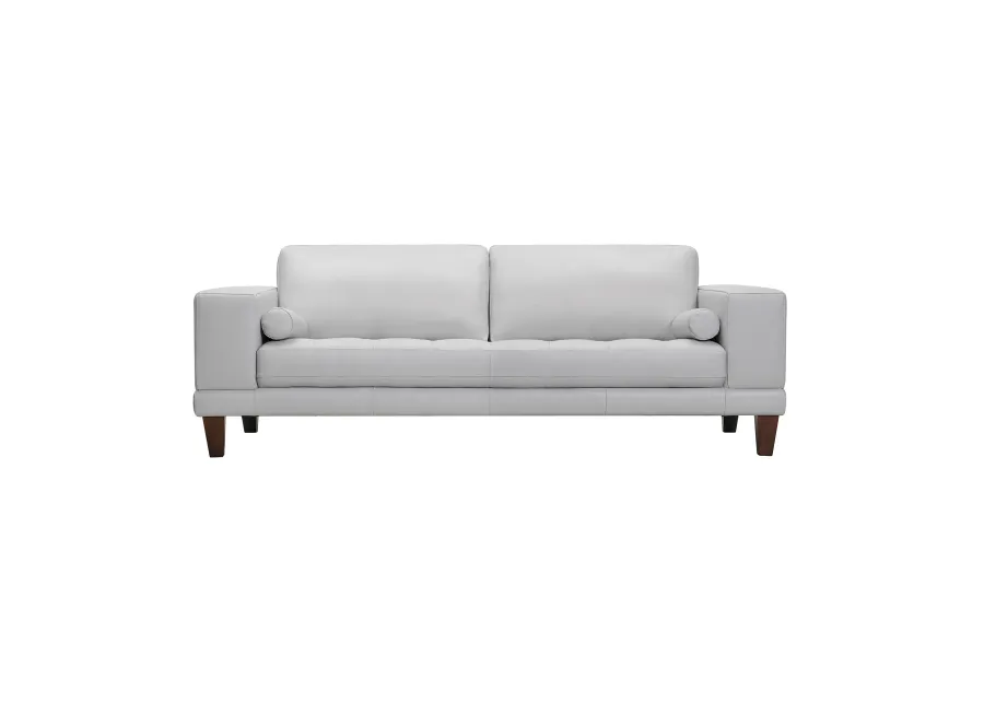 Wynne Contemporary Sofa in Genuine Dove Gray Leather with Brown Wood Legs