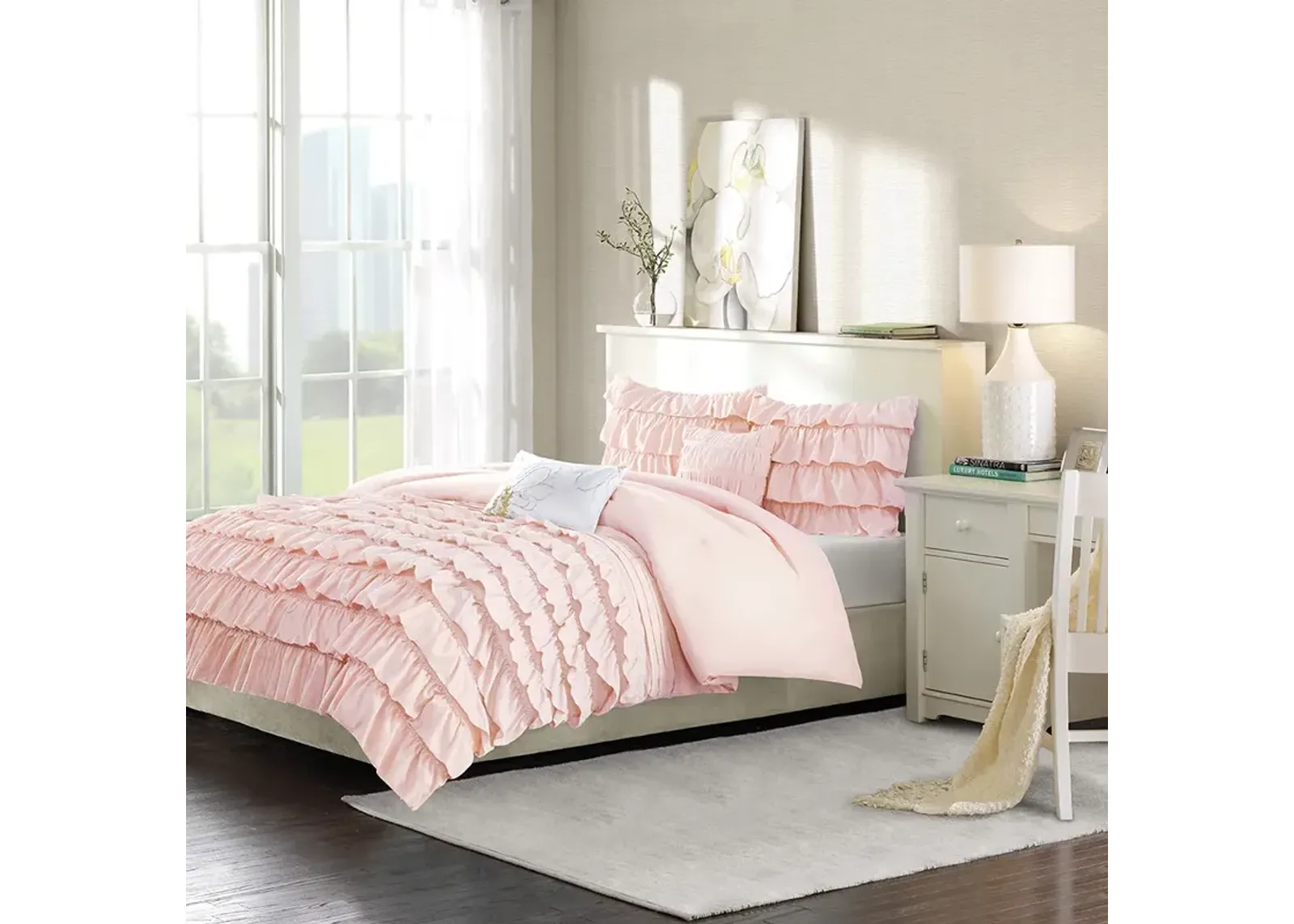 Intelligent Design Waterfall Blush Ruffle Comforter Set