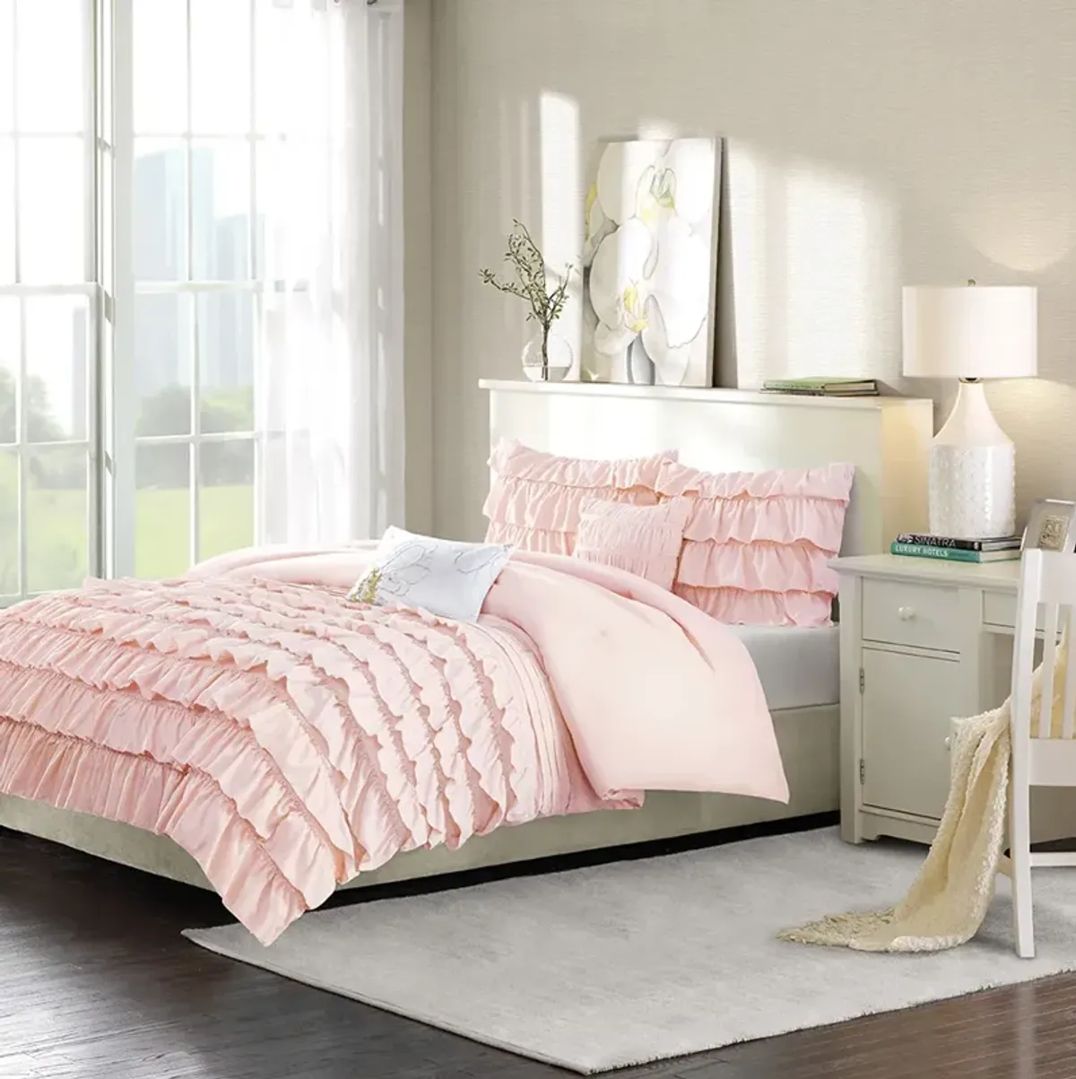 Intelligent Design Waterfall Blush Ruffle Comforter Set