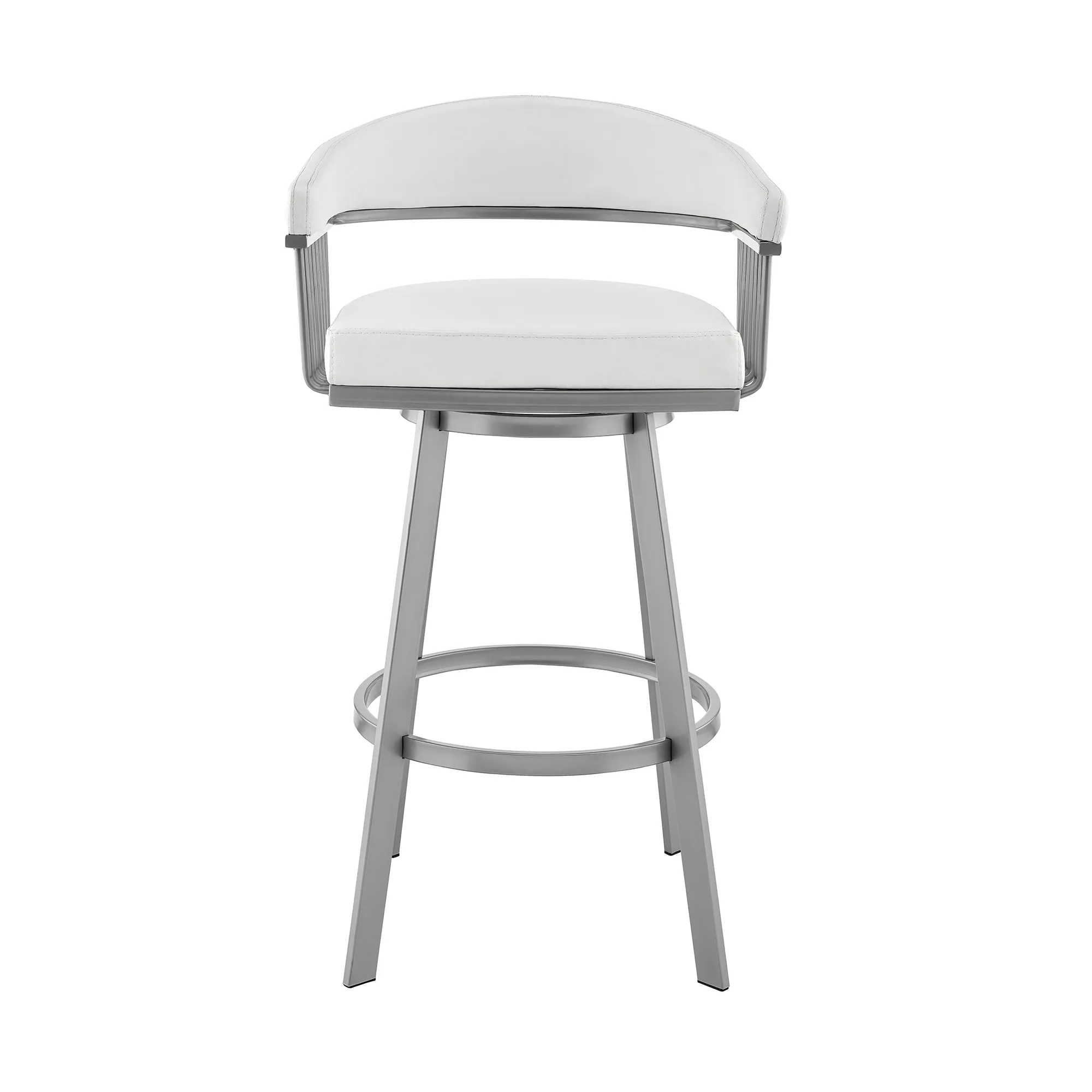 Bronson 25" Counter Height Swivel Bar Stool in Silver Finish and White Faux Leather