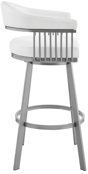 Bronson 25" Counter Height Swivel Bar Stool in Silver Finish and White Faux Leather