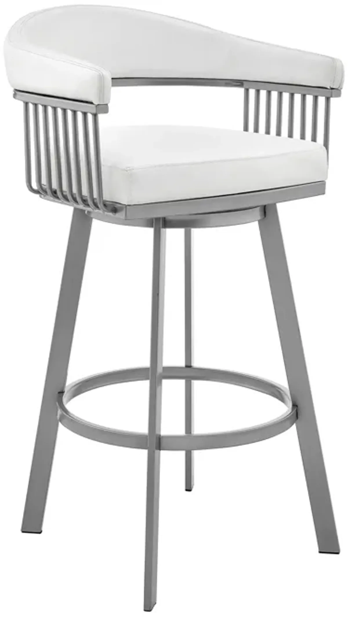 Bronson 25" Counter Height Swivel Bar Stool in Silver Finish and White Faux Leather