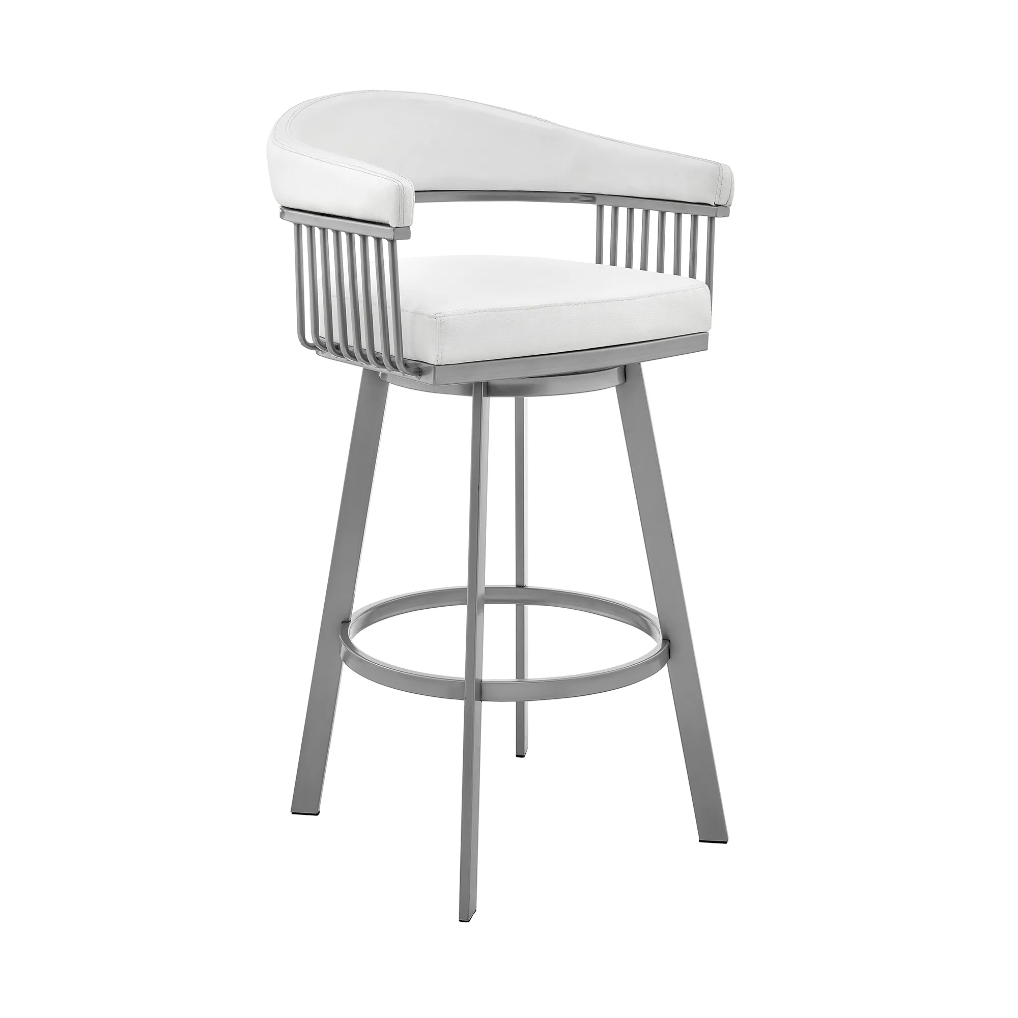 Bronson 25" Counter Height Swivel Bar Stool in Silver Finish and White Faux Leather