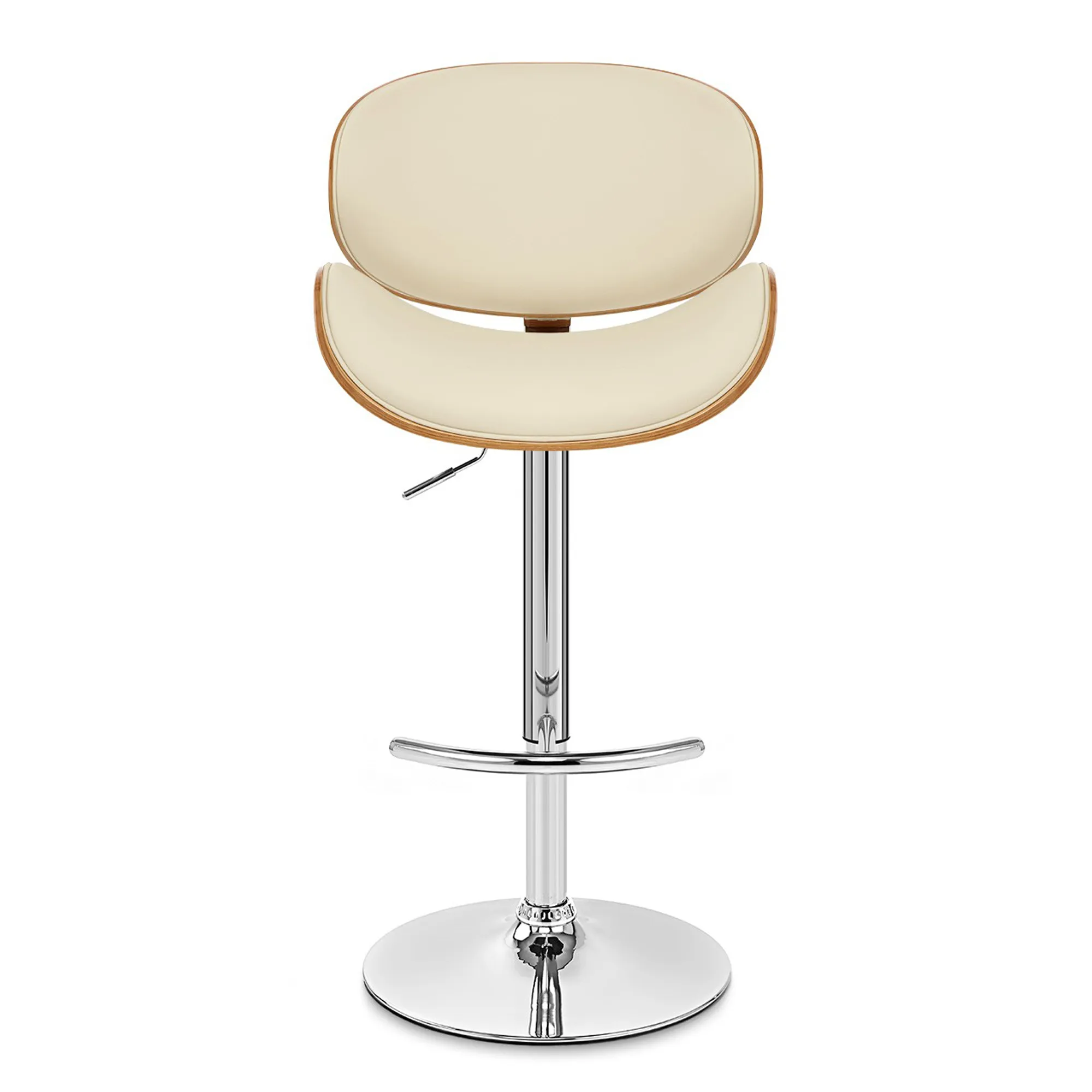 Naples Cream Faux Leather Adjustable Height Swivel Walnut Wood and Chrome Base Bar Stool