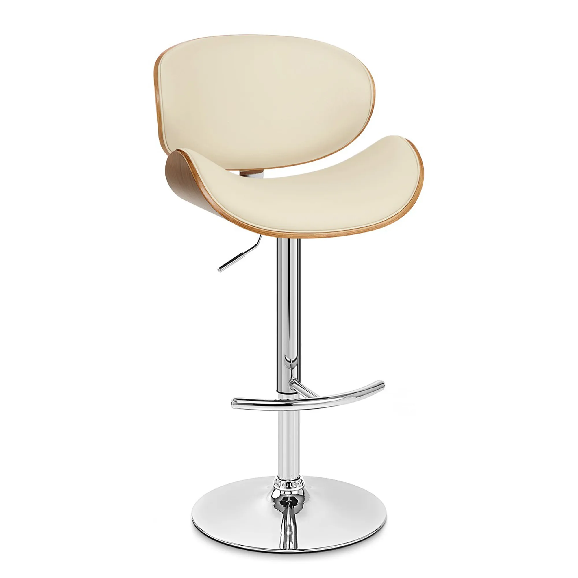 Naples Cream Faux Leather Adjustable Height Swivel Walnut Wood and Chrome Base Bar Stool