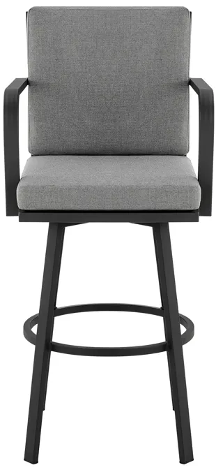 Don 26" Outdoor Patio Swivel Counter Stool in Black Aluminum with Gray Cushions