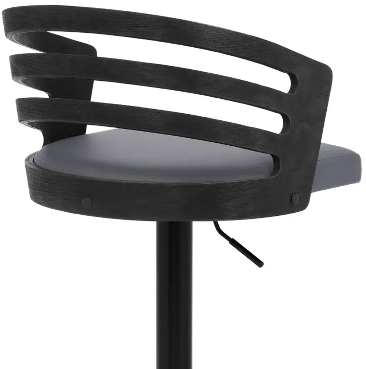 Adele Adjustable Height Swivel Grey Faux Leather and Black Wood Bar Stool with Black Base