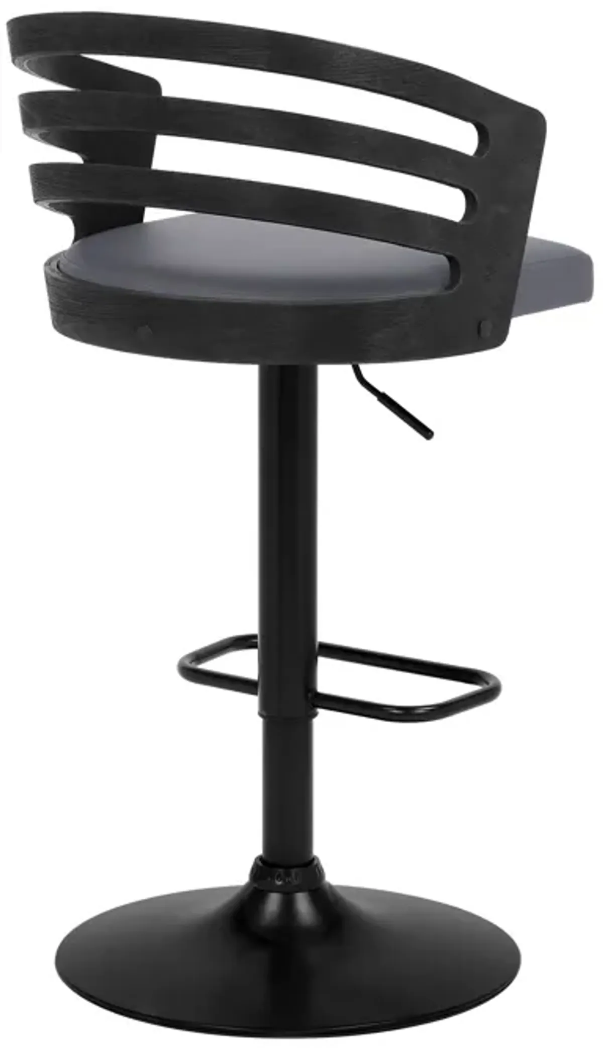 Adele Adjustable Height Swivel Grey Faux Leather and Black Wood Bar Stool with Black Base