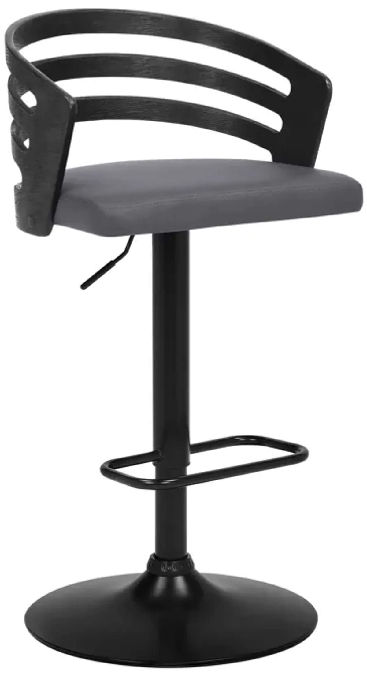 Adele Adjustable Height Swivel Grey Faux Leather and Black Wood Bar Stool with Black Base