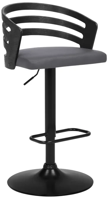 Adele Adjustable Height Swivel Grey Faux Leather and Black Wood Bar Stool with Black Base