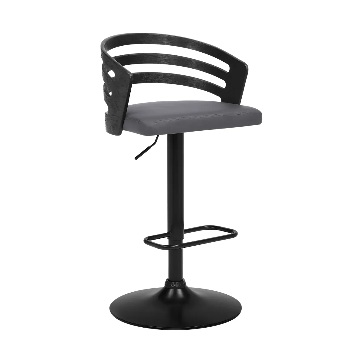 Adele Adjustable Height Swivel Grey Faux Leather and Black Wood Bar Stool with Black Base