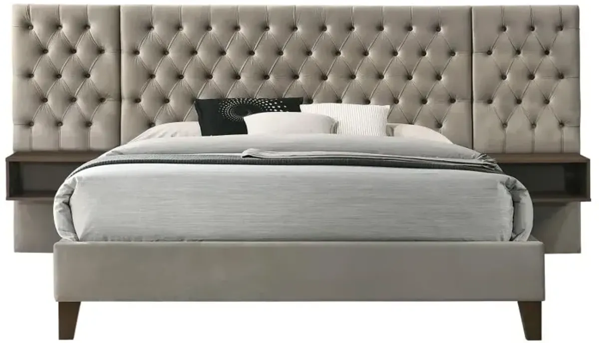 Marley Upholstered Queen Platform Bed with Headboard Panels Light Brown