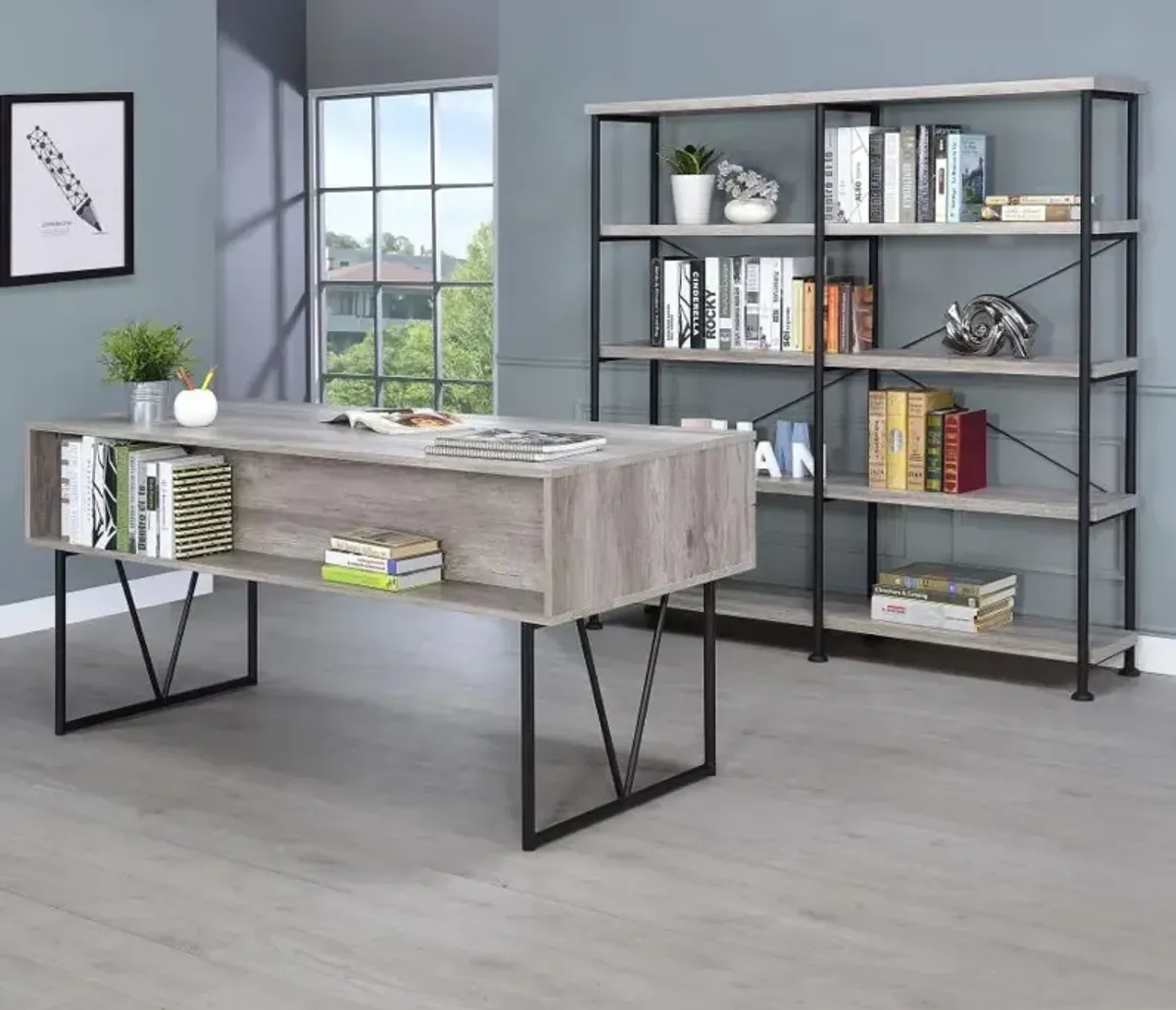 Analiese 4-drawer Writing Desk Grey Driftwood