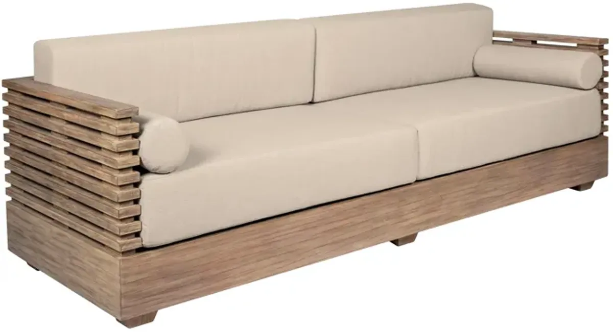 Vivid Outdoor Patio Sofa in Light Eucalyptus Wood with Taupe Olefin Cushions