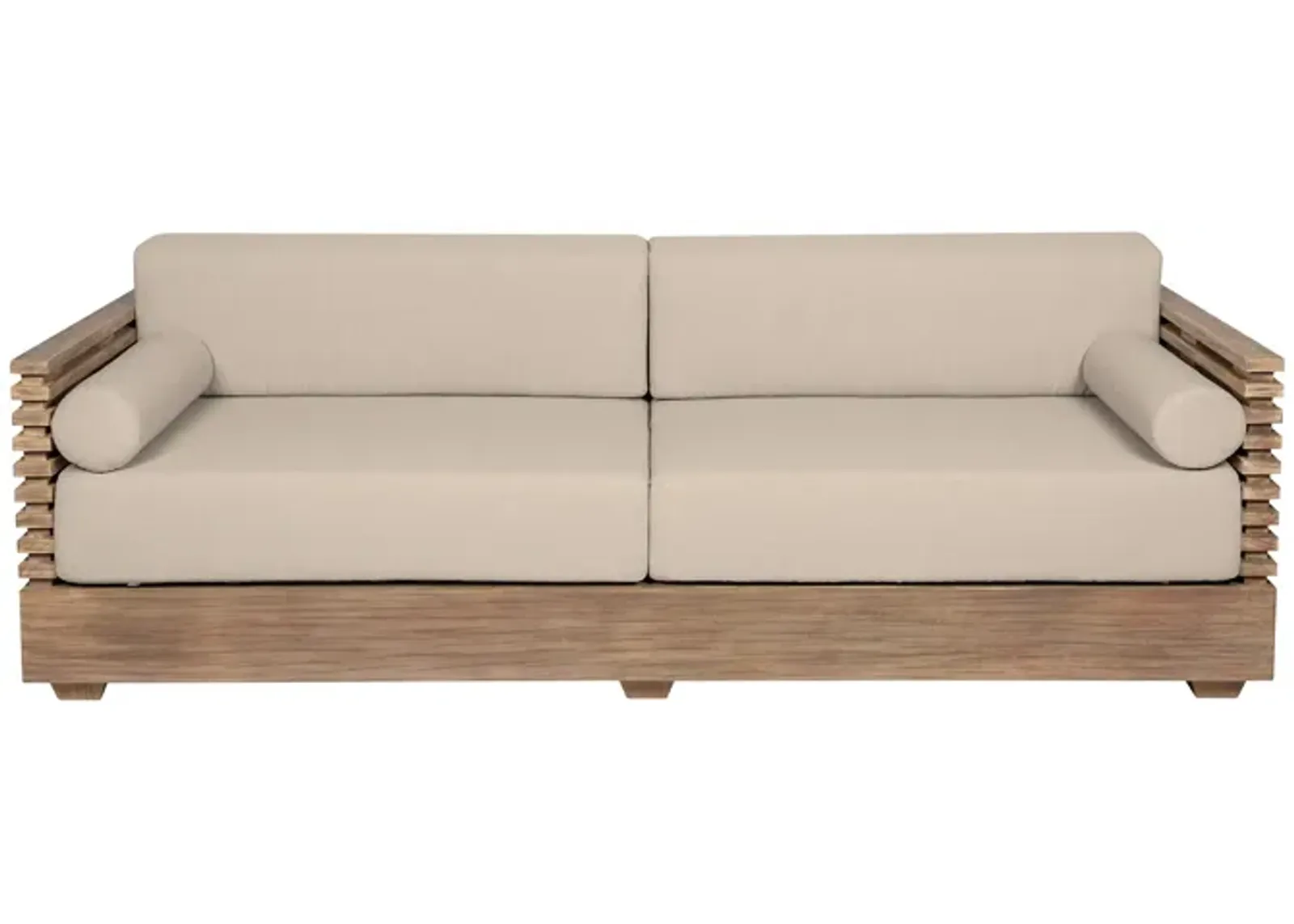 Vivid Outdoor Patio Sofa in Light Eucalyptus Wood with Taupe Olefin Cushions