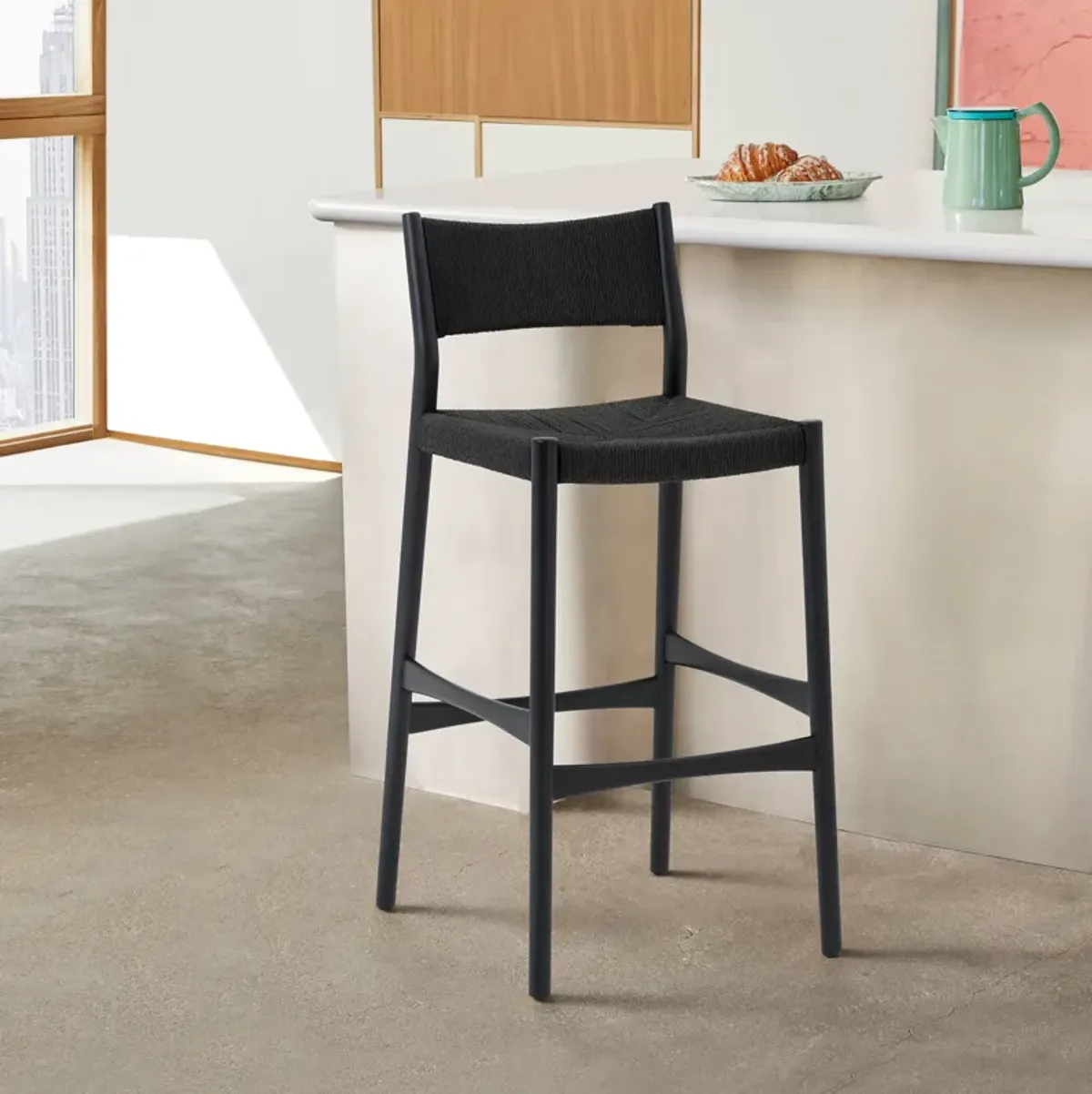 Erie Black Woven Paper Cord and Wood Bar Stool