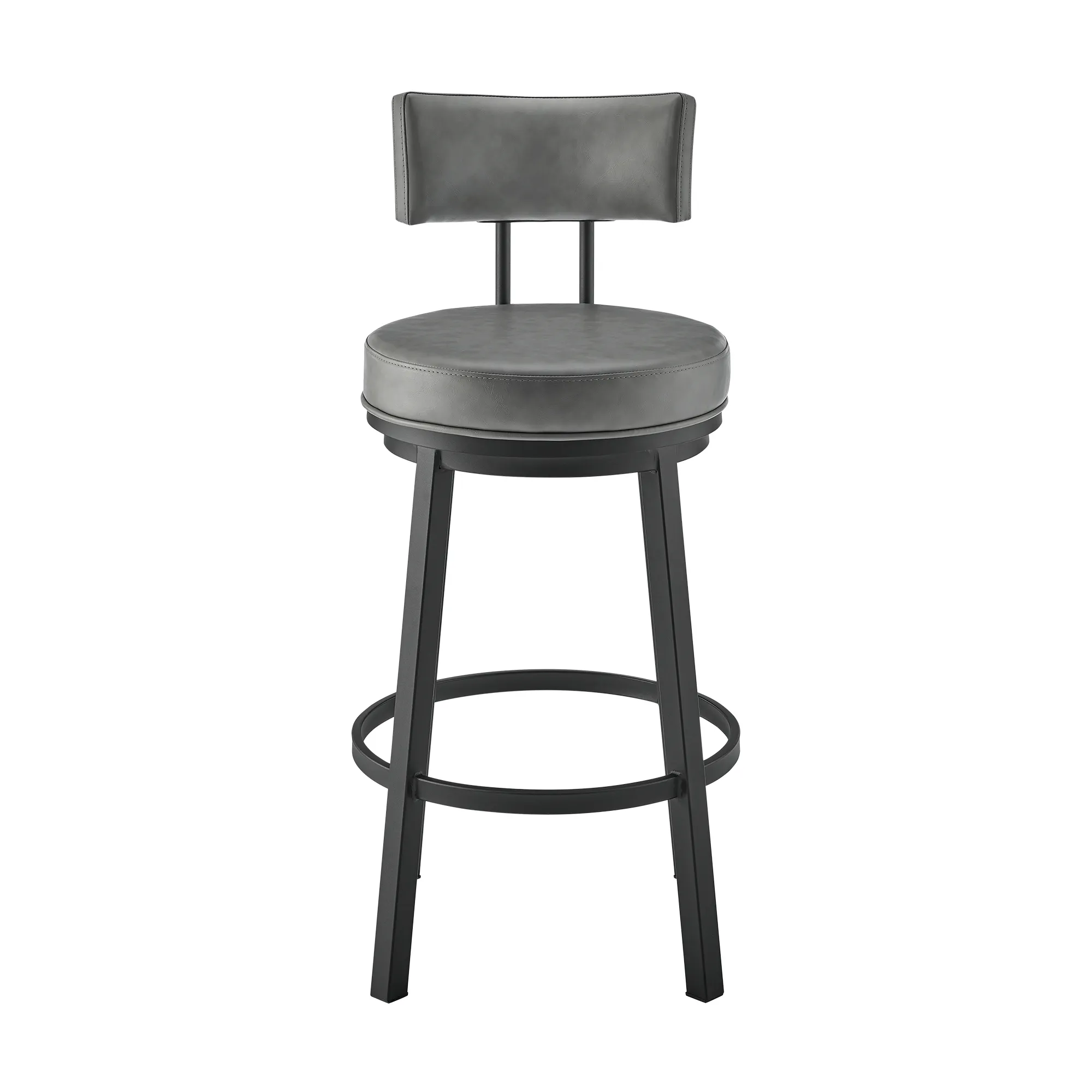 Dalza Swivel Counter or Bar Stool in Black Finish with Gray Faux Leather