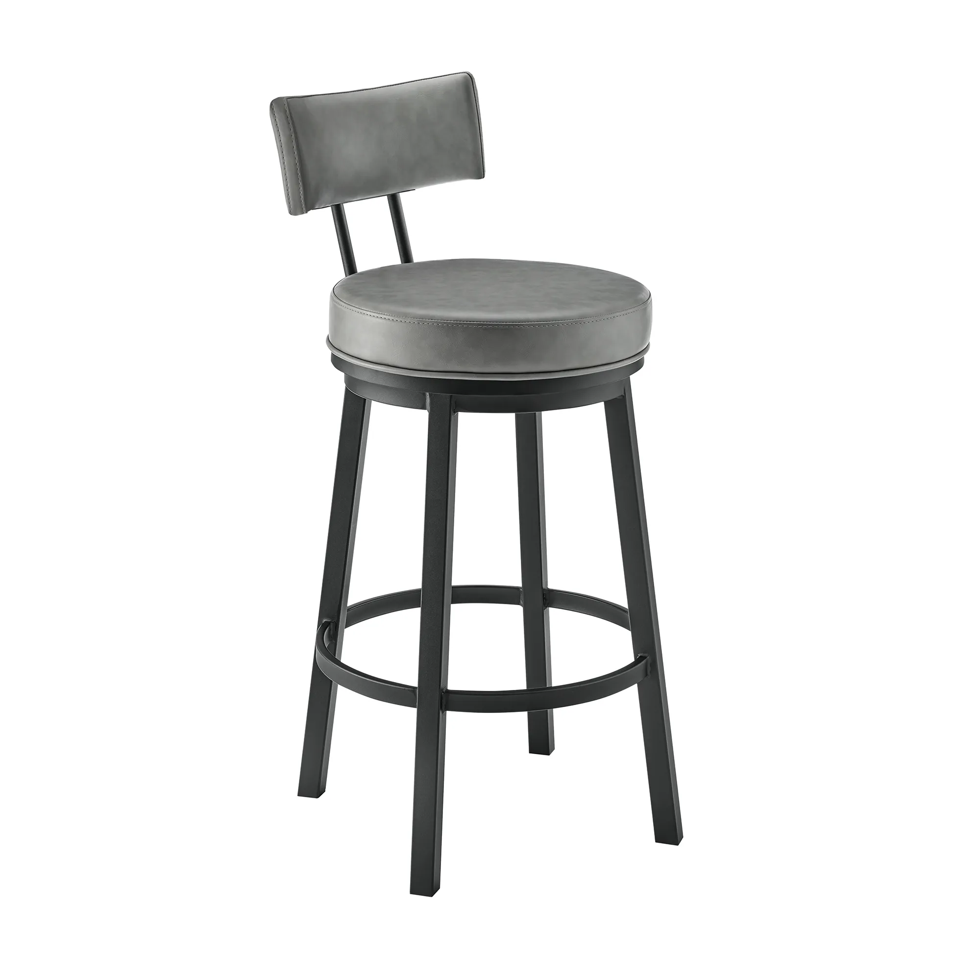 Dalza Swivel Counter or Bar Stool in Black Finish with Gray Faux Leather