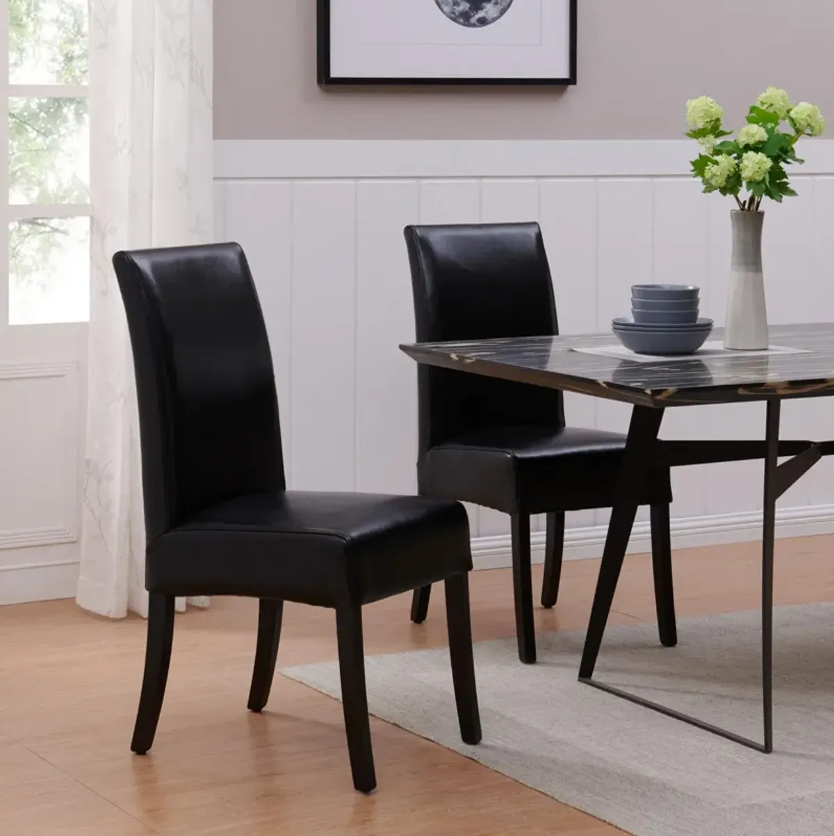 Valencia Leather Dining Side Chair, Black (Set of 2)