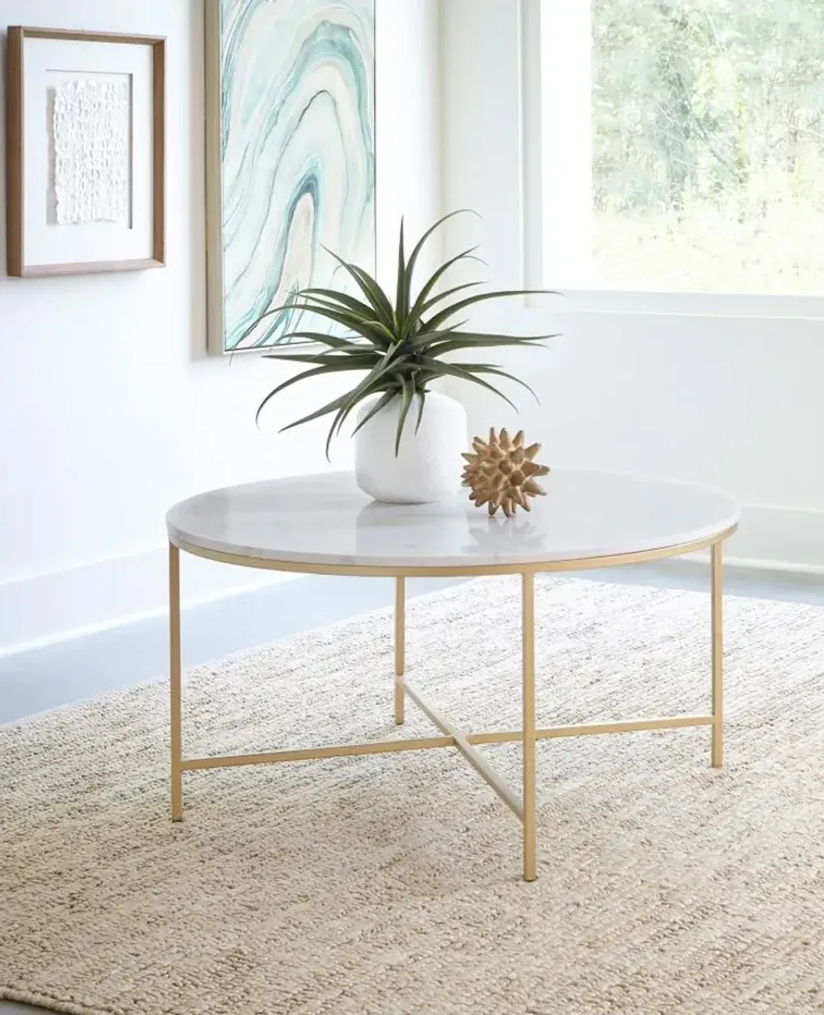 Ellison Round X-cross Coffee Table White and Gold