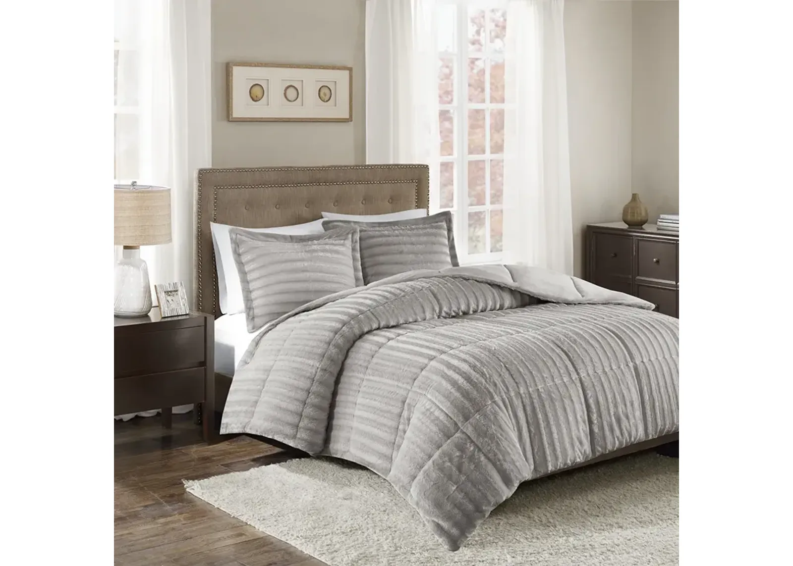 Madison Park Duke Grey Faux Fur Comforter Mini Set