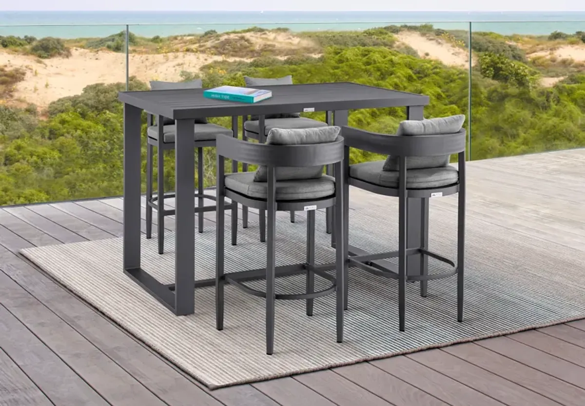 Menorca Outdoor Patio 5-Piece Bar Table Set in Aluminum with Grey Cushions