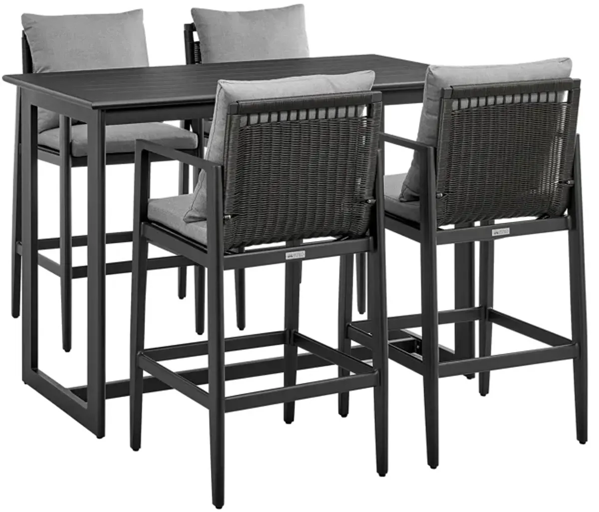 Cayman Outdoor Patio 5-Piece Bar Table Set in Aluminum with Grey Cushions