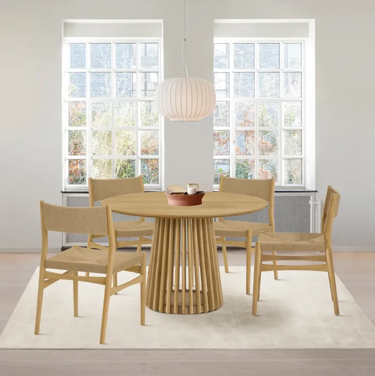 Pasadena Erie 5 Piece Round Dining Set in Natural Oak Finish with Paper Cord Chairs