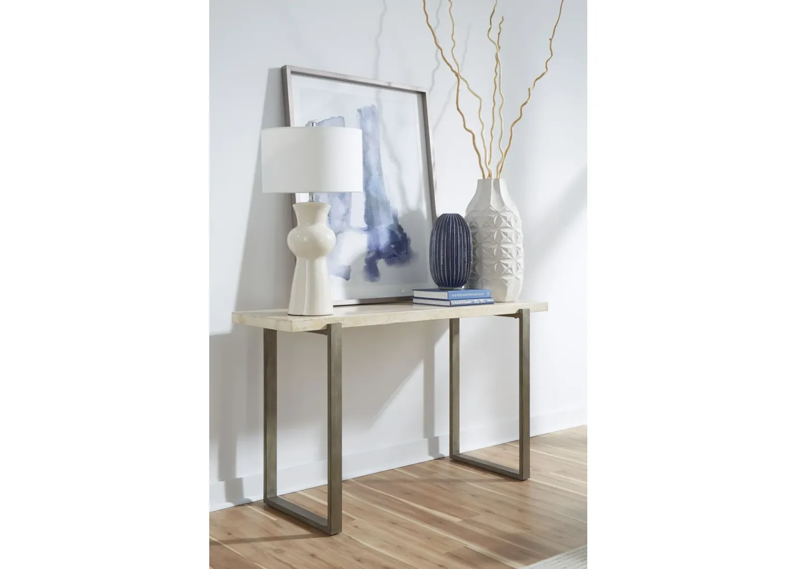 Ariela Natural Travertine Console Table with Bronze Metal Base