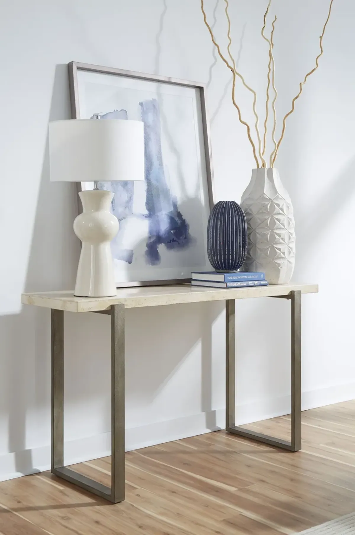 Ariela Natural Travertine Console Table with Bronze Metal Base