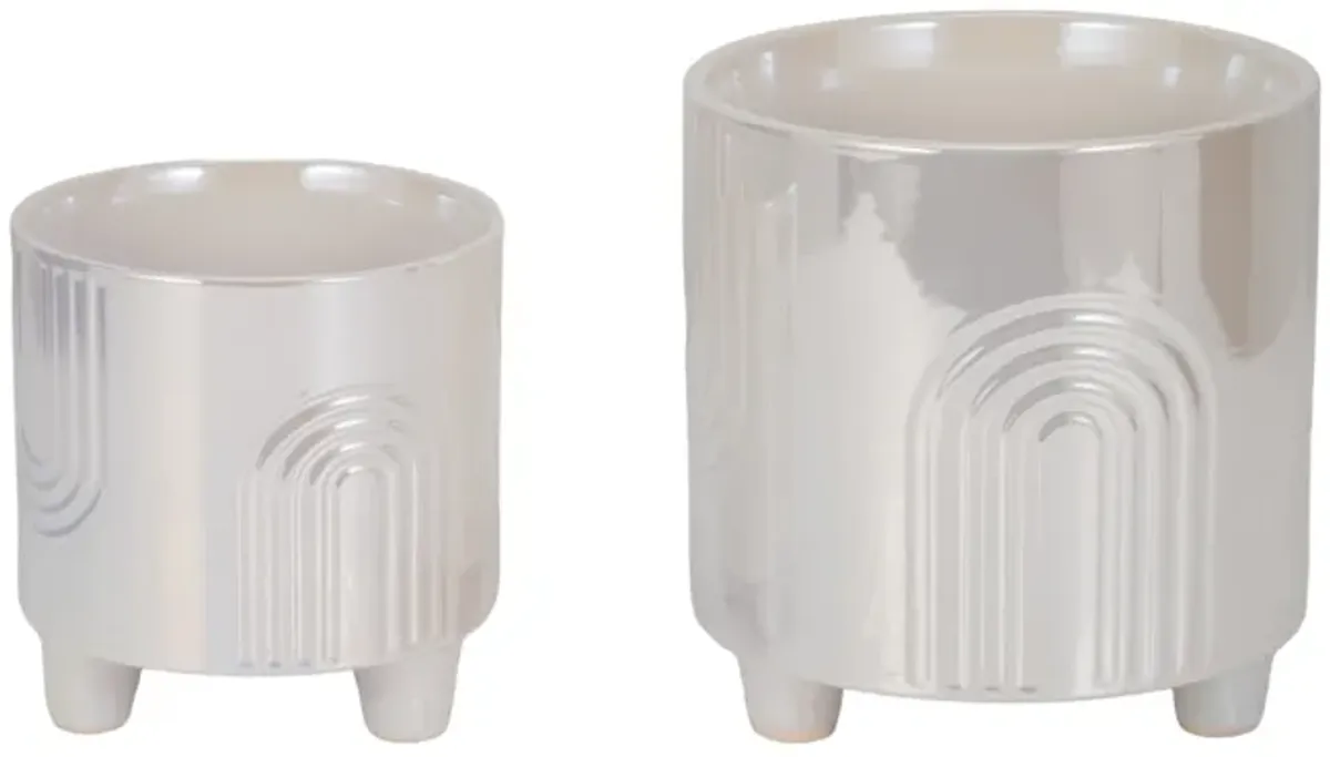 S/2 6/8" Iridescent Bravais Footed Planters, Ivory