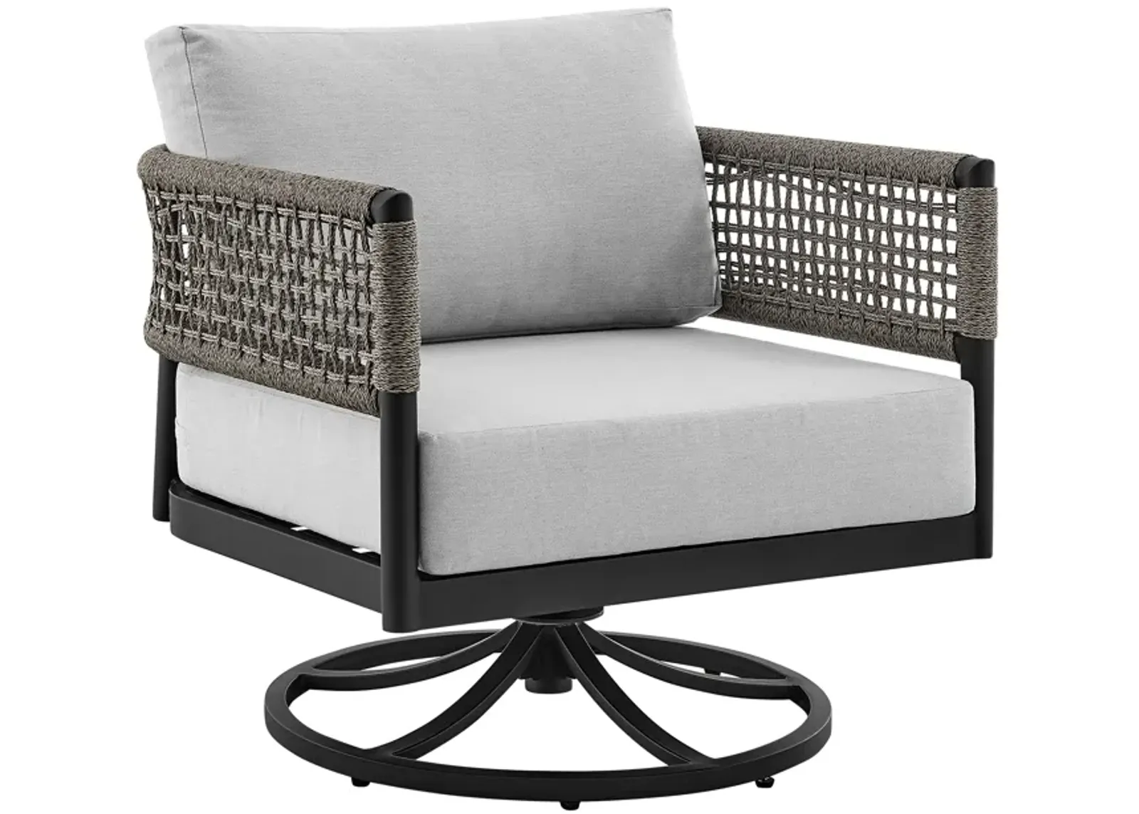 Felicia Outdoor Patio Swivel Rocking Chair in Black Aluminum and Gray Rope with Cushions