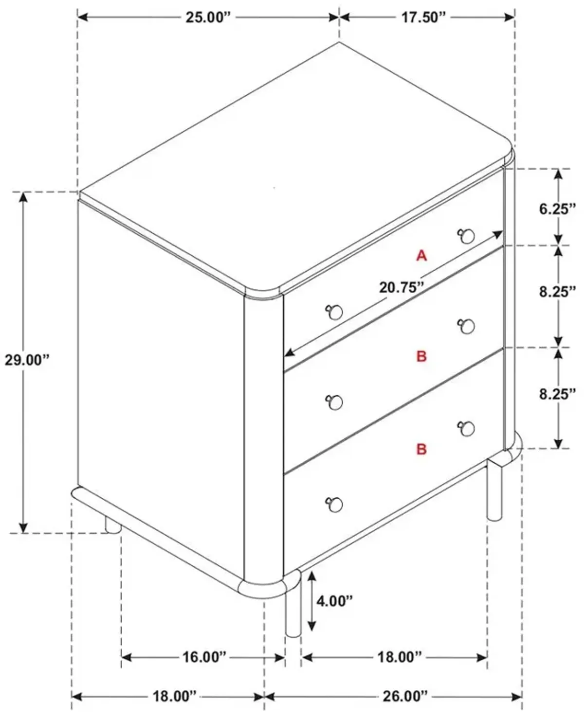 Aaliyah 3-Drawer Nightstand with Dual Usb Ports