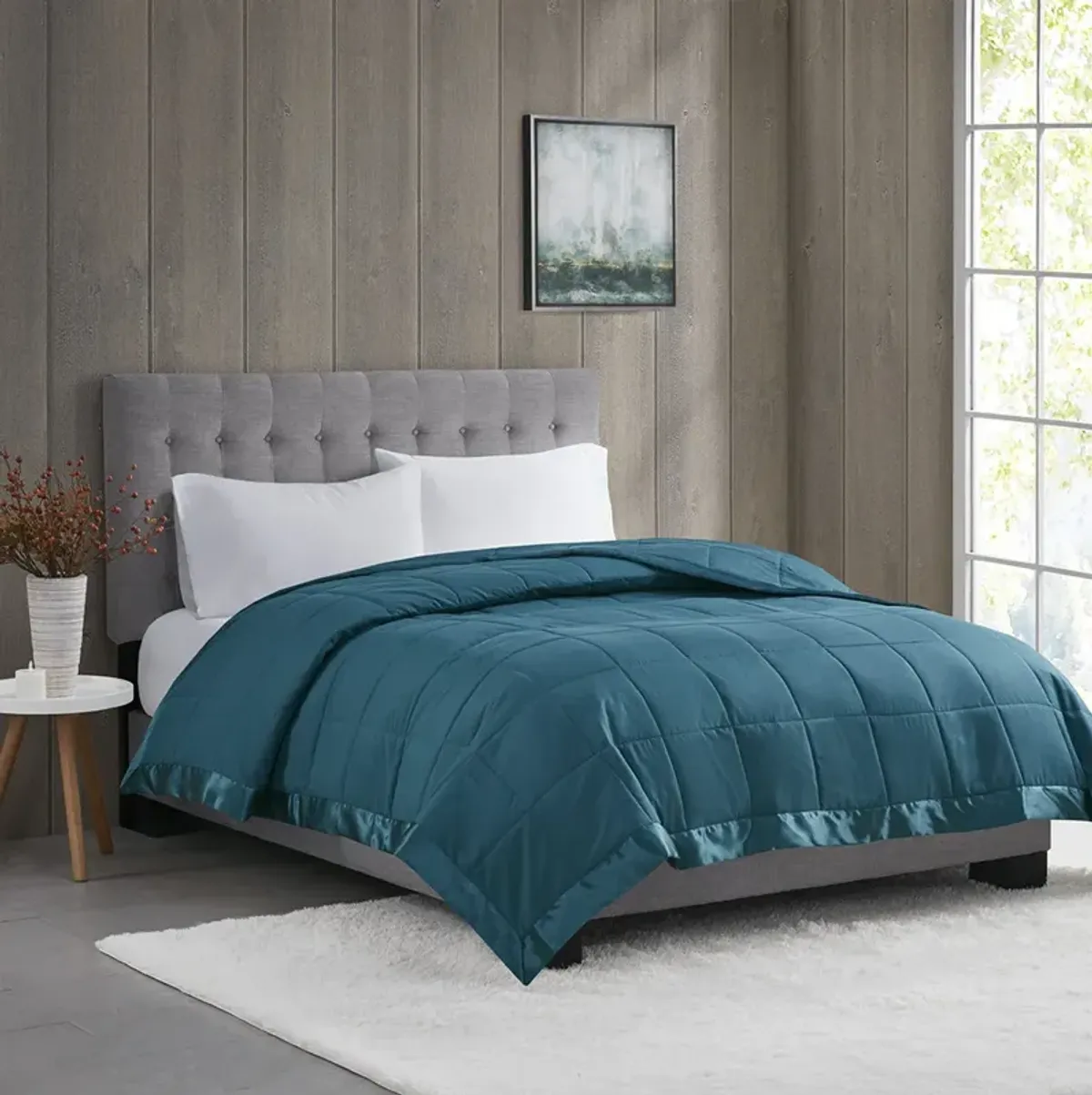 Madison Park Windom Teal Lightweight Down Alternative Blanket with Satin Trim