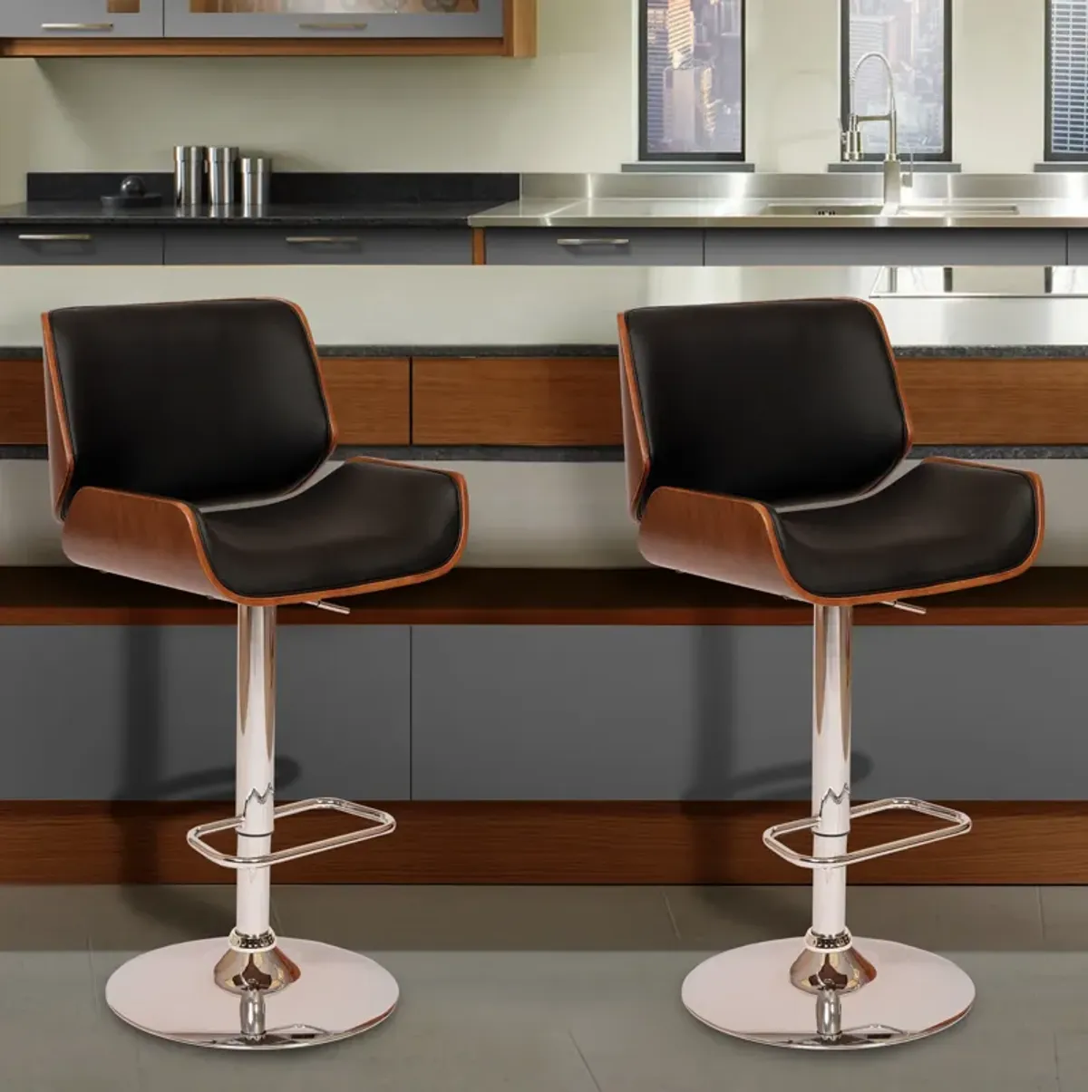 London Black Faux Leather Adjustable Height Swivel Walnut Wood and Chrome Bar Stool