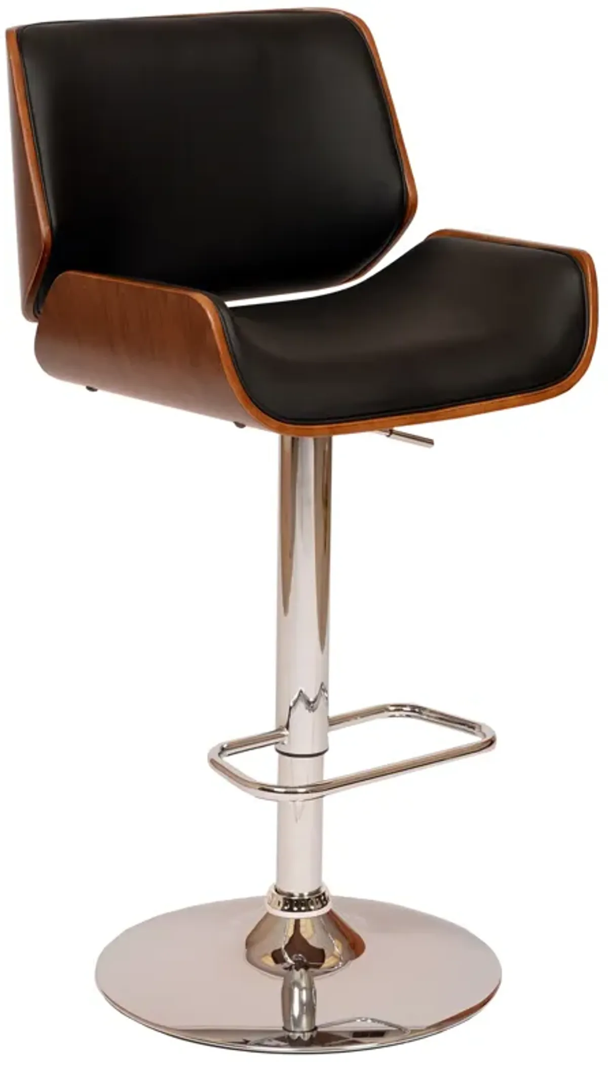 London Black Faux Leather Adjustable Height Swivel Walnut Wood and Chrome Bar Stool