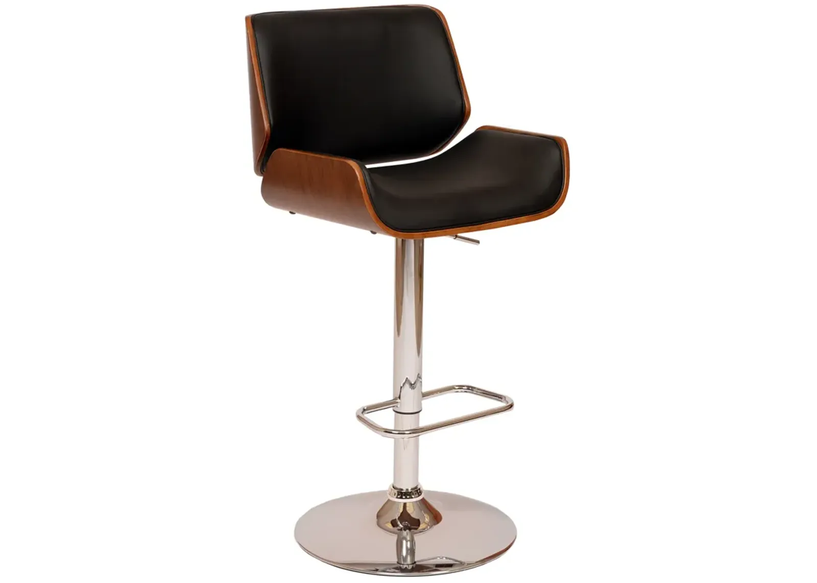 London Black Faux Leather Adjustable Height Swivel Walnut Wood and Chrome Bar Stool