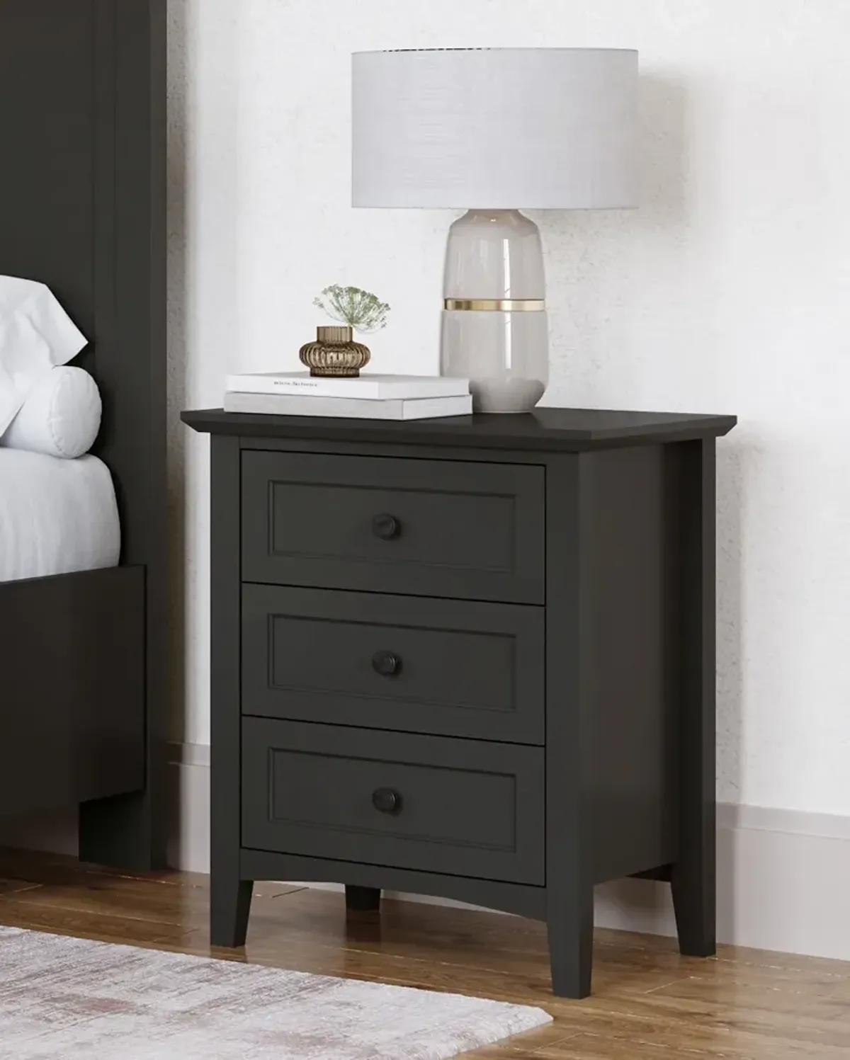 Grace Three Drawer Nightstand in Raven Black