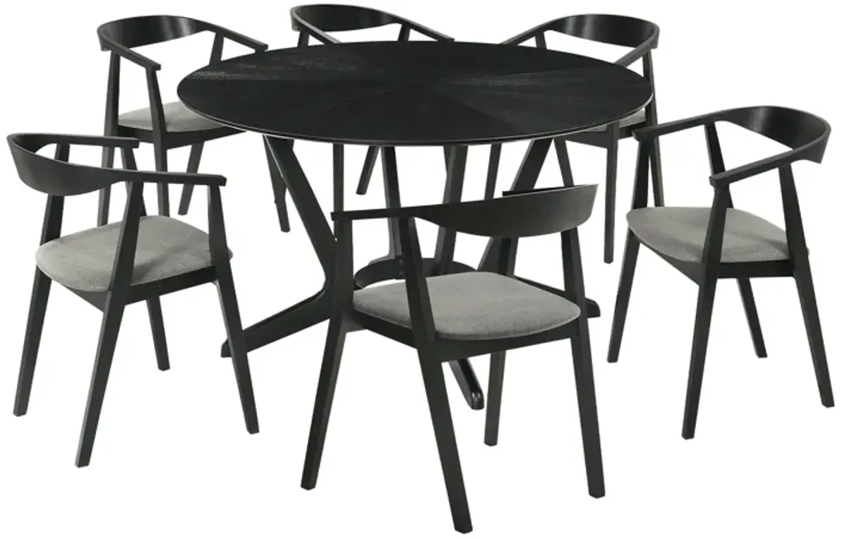 Santana 7 Piece Round Black Wood Dining Table Set with Charcoal Fabric