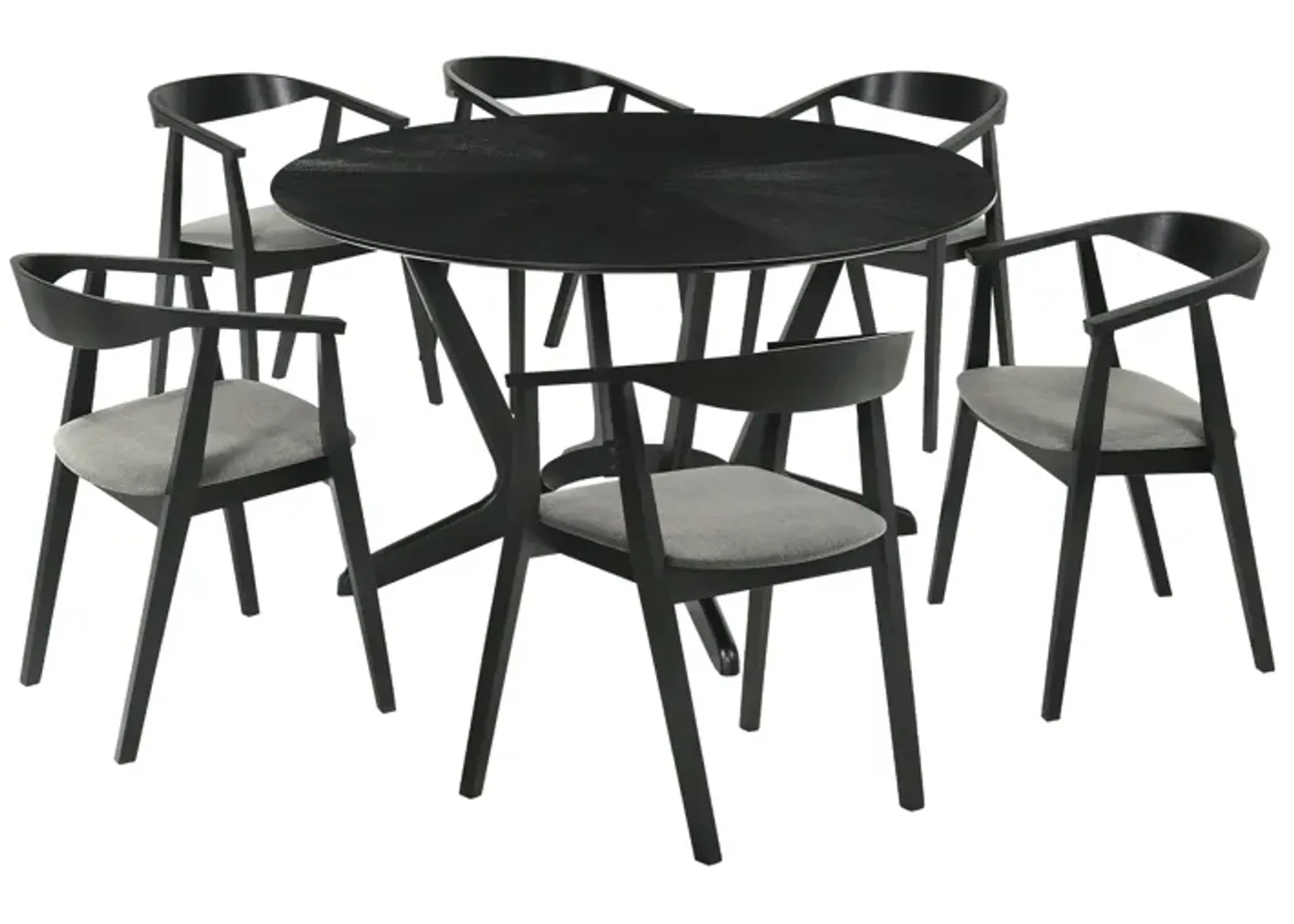 Santana 7 Piece Round Black Wood Dining Table Set with Charcoal Fabric