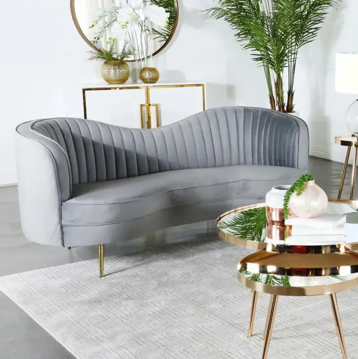 Sophia Upholstered Loveseat with Camel Back Grey and Gold