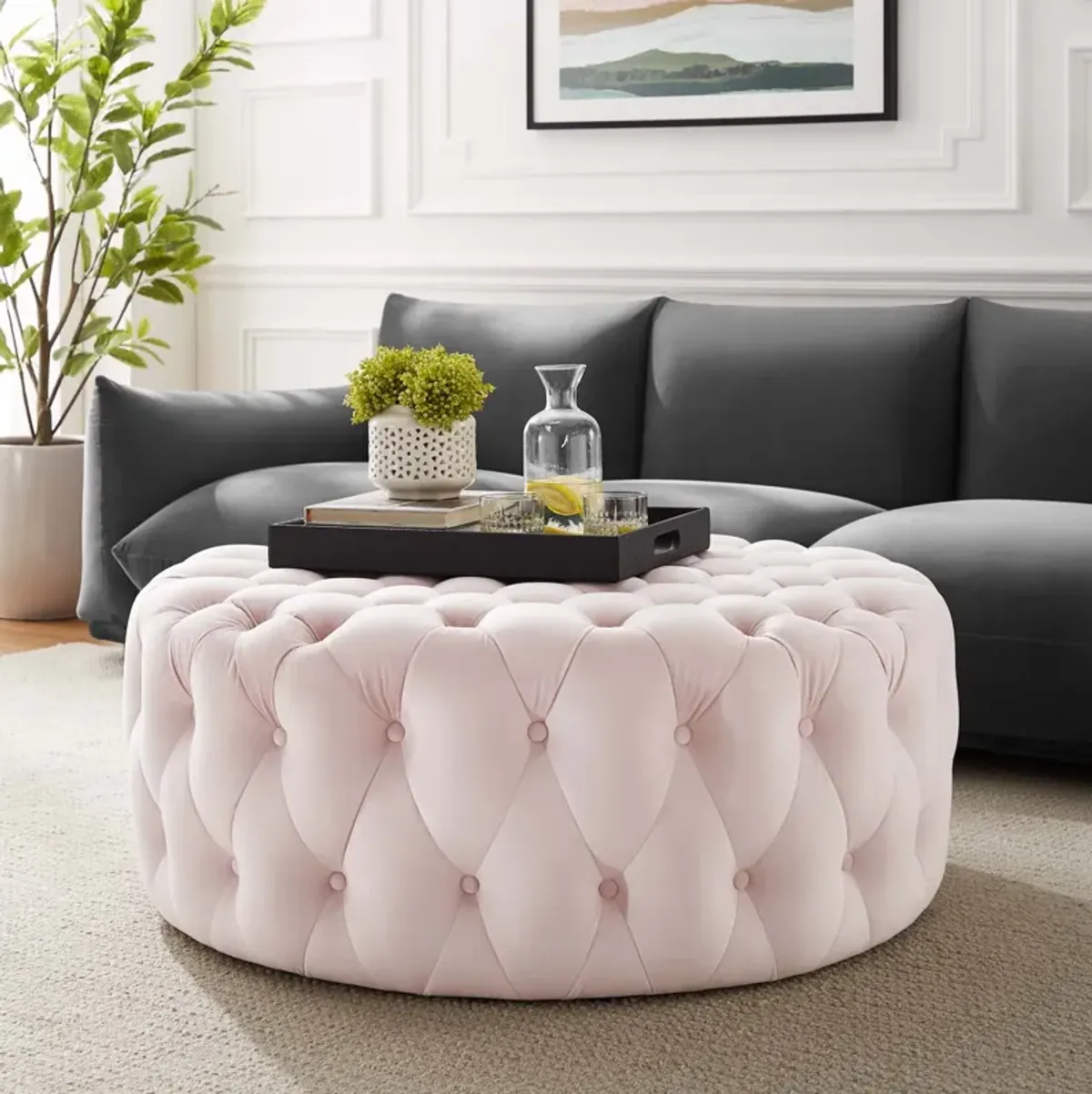 Amour Tufted Button Large Round Performance Velvet Ottoman