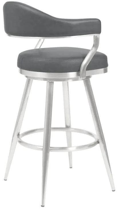 Justin 26" Counter Height Swivel Vintage Grey Faux Leather Bar Stool with Brushed Stainless Steel Legs