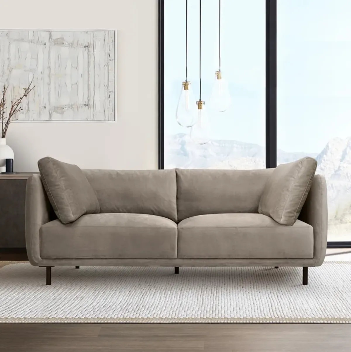 Serenity 79" Fossil Gray Velvet Sofa with Black Metal Legs