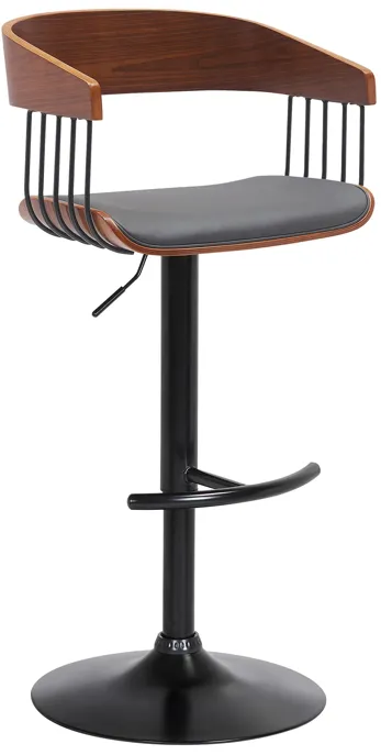 Larisa Adjustable Walnut Wood Bar Stool in Gray Faux Leather with Black Metal