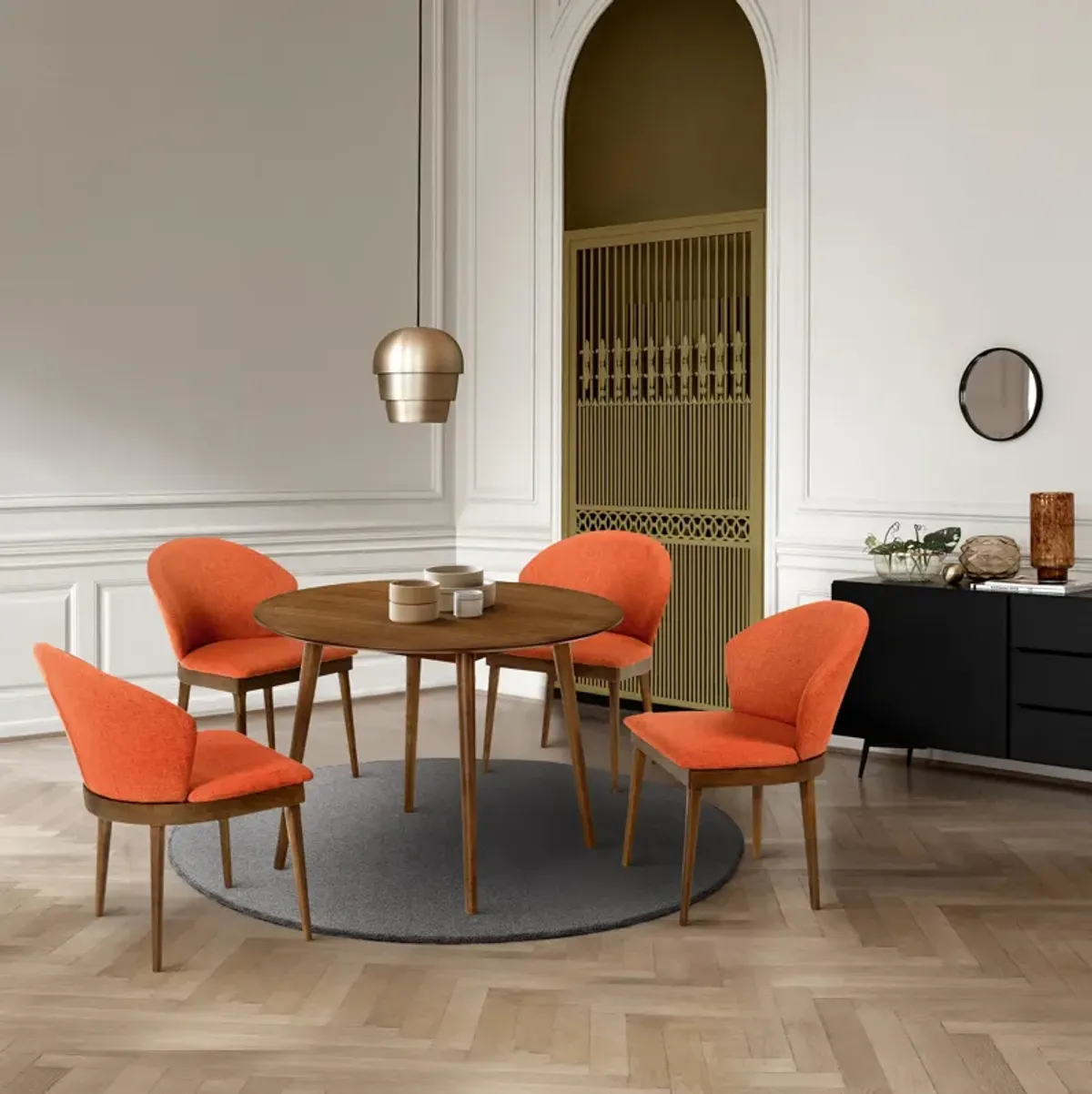 Arcadia and Juno 42" Round Orange and Walnut Wood 5 Piece Dining Set