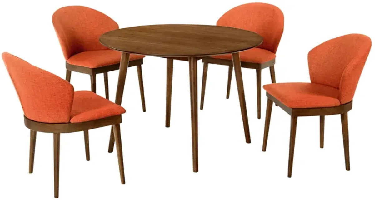 Arcadia and Juno 42" Round Orange and Walnut Wood 5 Piece Dining Set