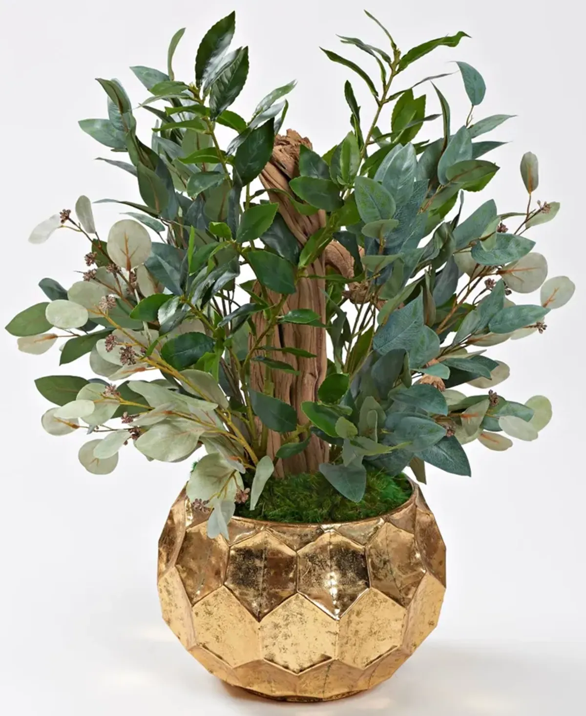 Ghostwood, Bay Leaf, & Eucalyptus in Short Brushed Gold Planter